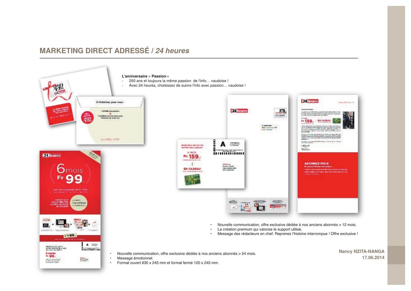 Addressed win-back mailing for former 24 heures subscribers